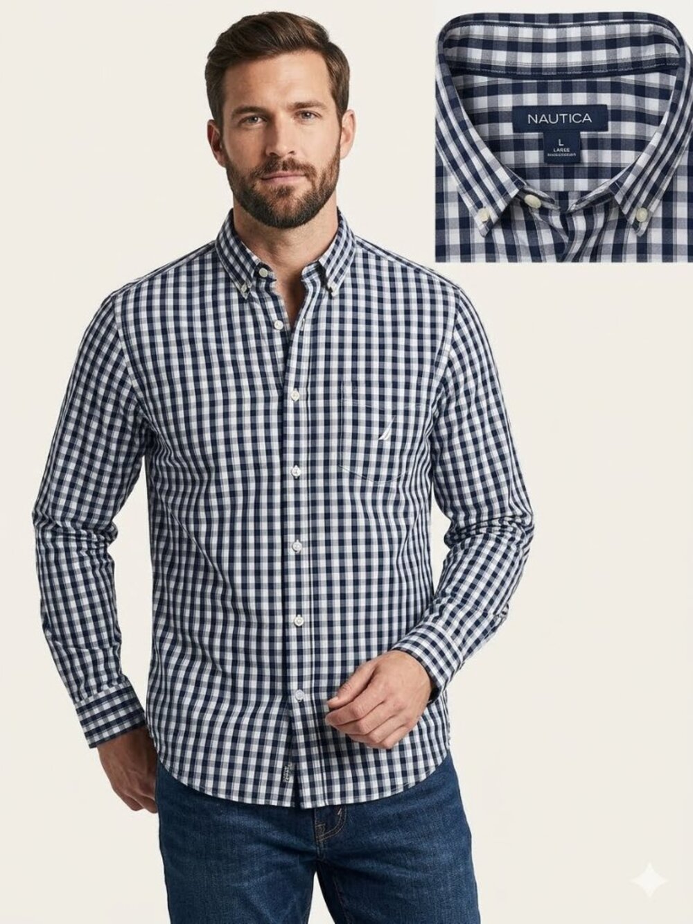 Nautica button down collar shirt, navy and white, size large